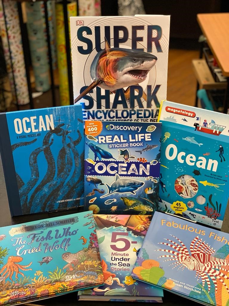 table-display-of-ocean-themed-books