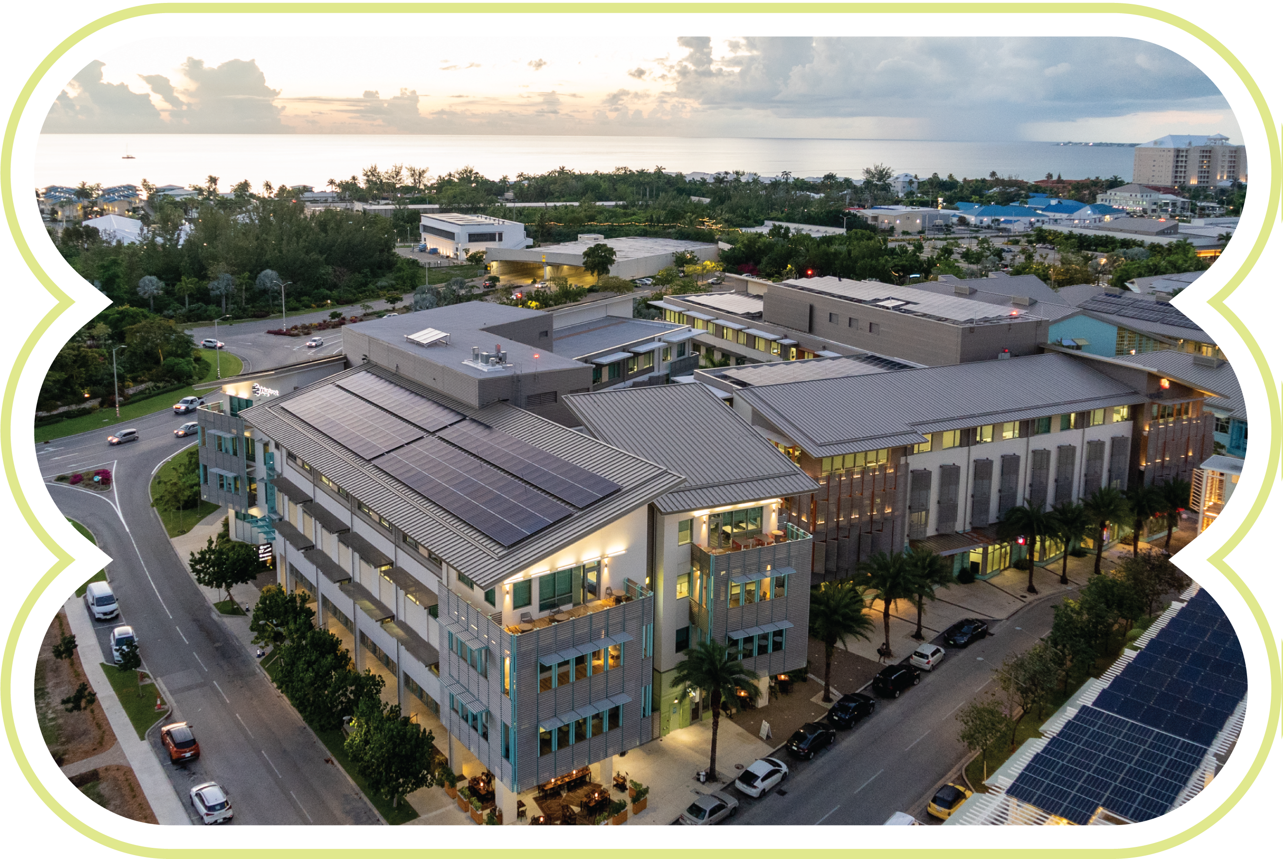 Aerial view of Camana Bay solar panels